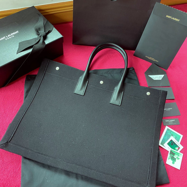 YSL RIVE GAUCHE TOTE BAG IN PRINTED LINEN AND LEATHER