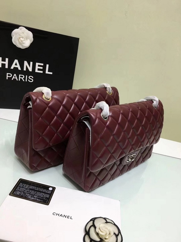 CL 1112 Wine Red Large Size 30cm Lambskin Leather Flap Bag With Gold/Silver Hardware