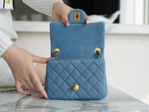 CL Denim Quilted Mini Pearl Crush Flap Blue